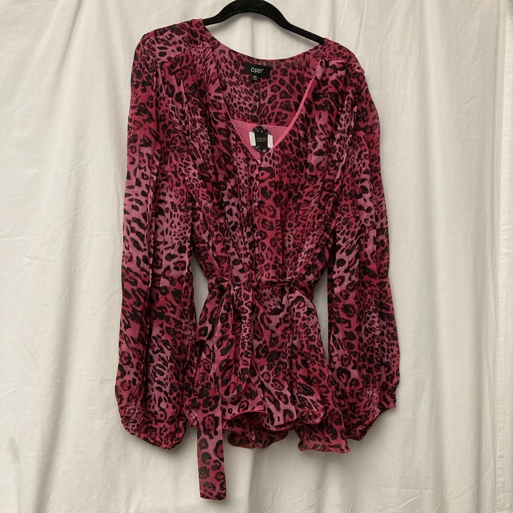 Oddy Women's Fuchsia Leopard Print Lined‎ Pleated Long Sleeve Blouse - SZ 2X